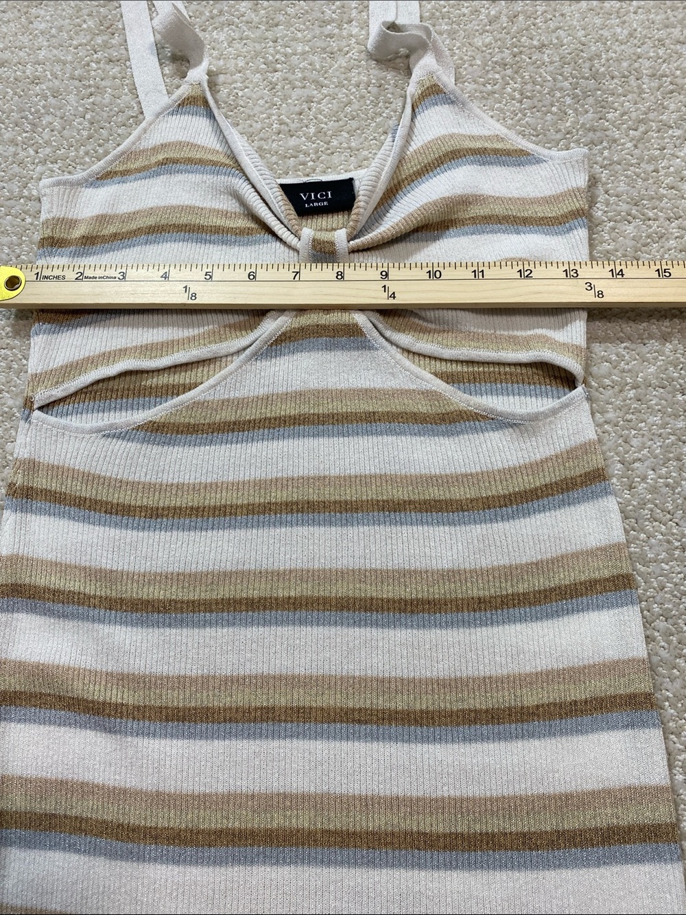 Vici Beige and White Striped Twist Cutout Midi Dress Stretch Size L 79% Viscose - Picture 12 of 16